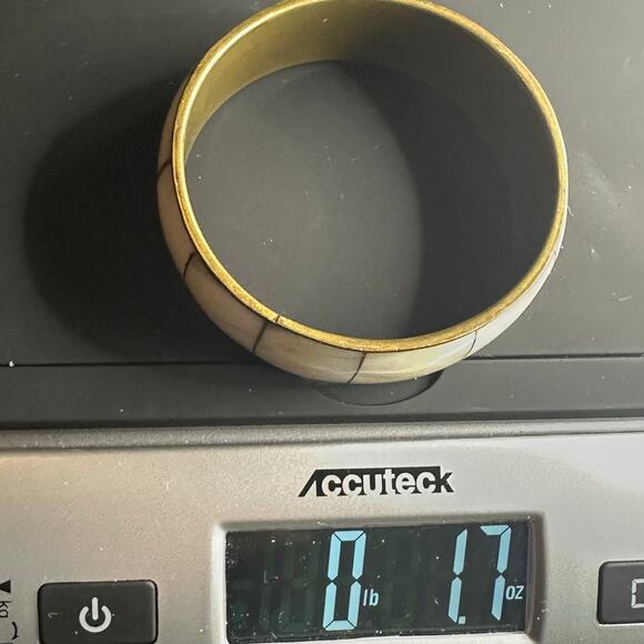 Mother of Pearl Brass Bangle Bracelet MOP Vintage Inlaid Mid Century Modern MCM - Picture 8 of 10